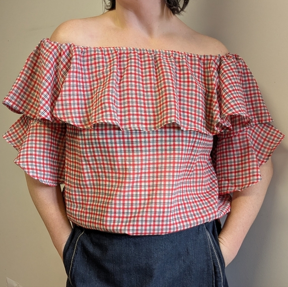 Lee Cooper Tops - Lee Cooper Gingham Ruffled Off The Shoulder Semi Sheer Top Size Large
